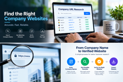 Target company URL research process for finding and verifying official business websites