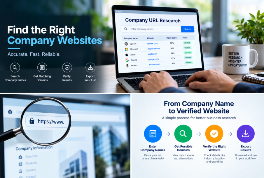 Target company URL research process for finding and verifying official business websites